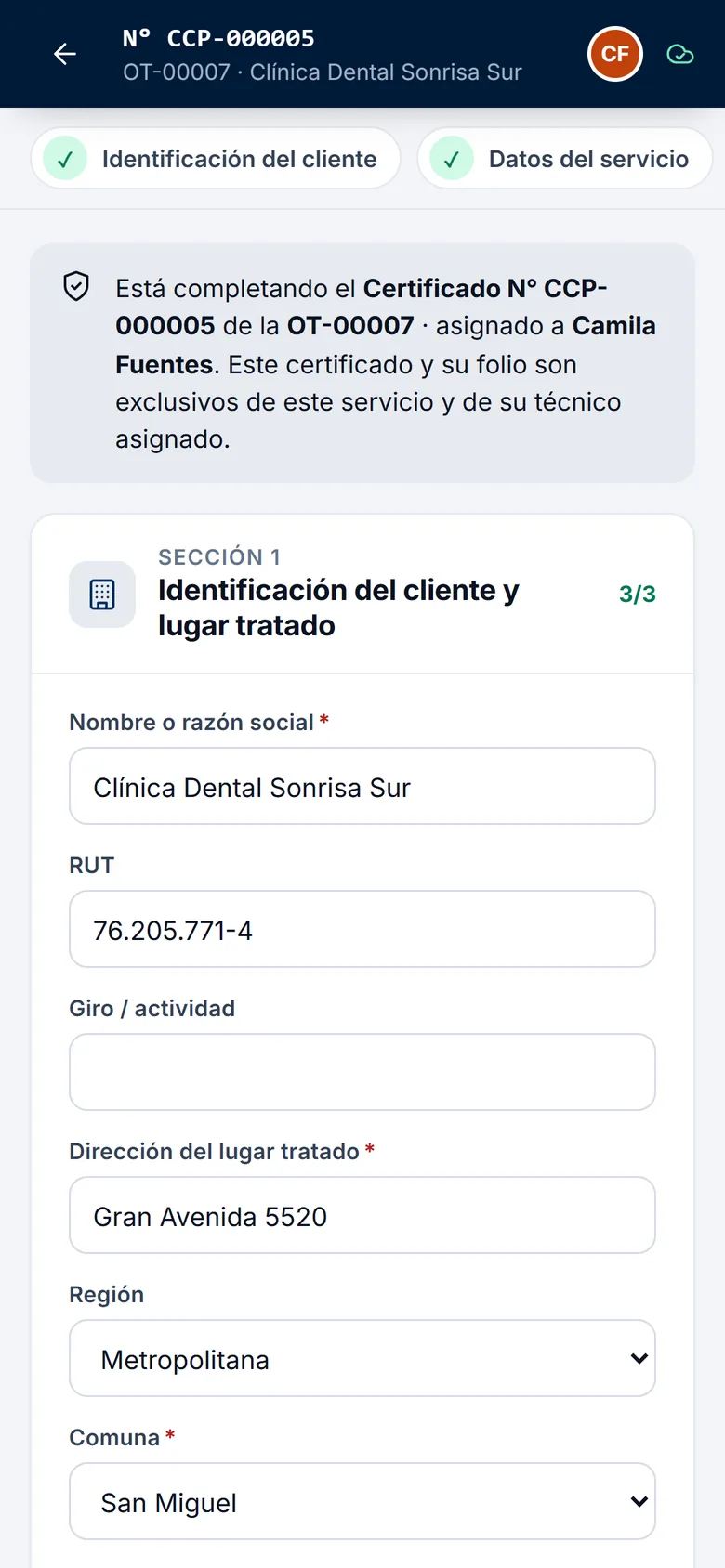 Certificado en llenado desde la app de terreno en un celular