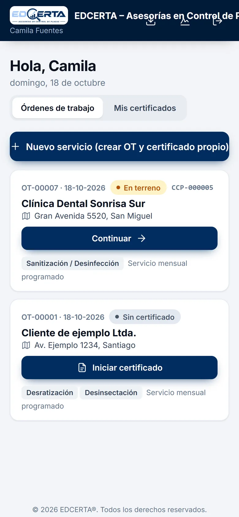 Órdenes de trabajo asignadas a un técnico en la app de terreno